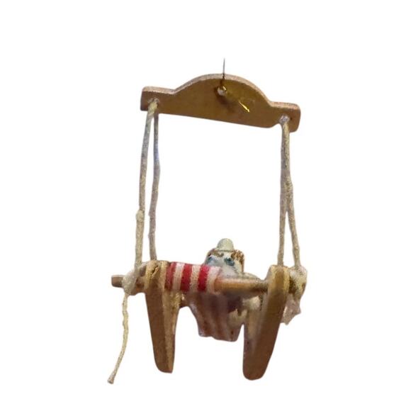 1970s Vintage Christmas White Mouse on Wooden Swing Chair Ornament Holiday Decor - Picture 4 of 6